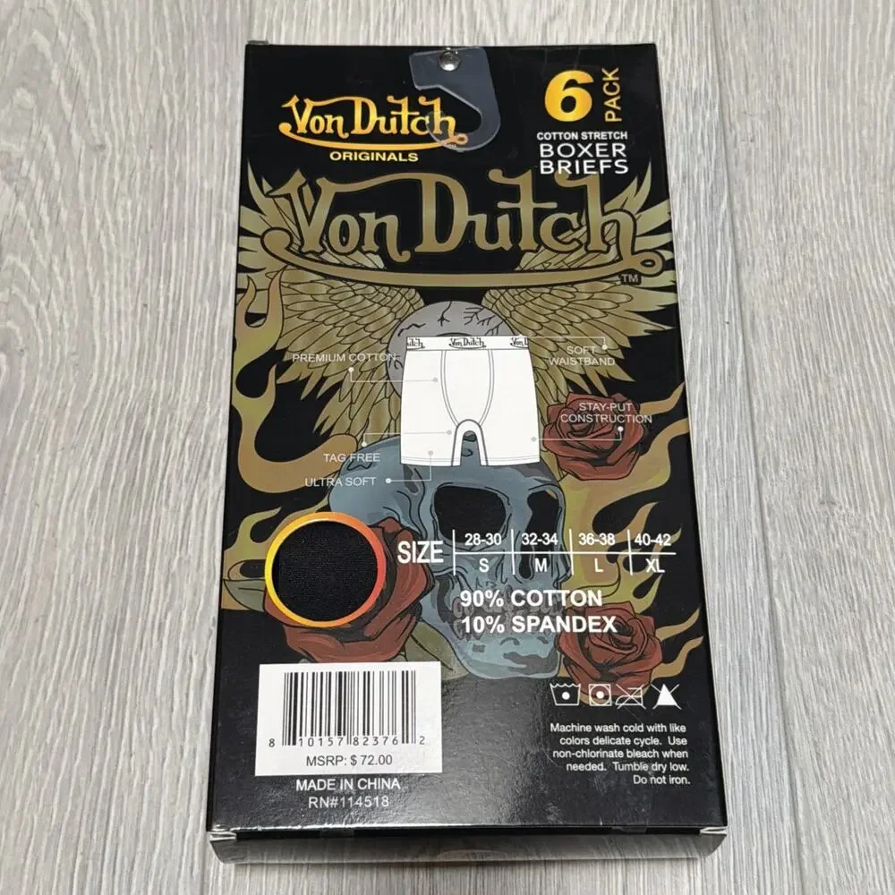 VON DUTCH Originals 6 Pack Boxer Briefs Medium Cotton Stretch NIB $72 MSRP